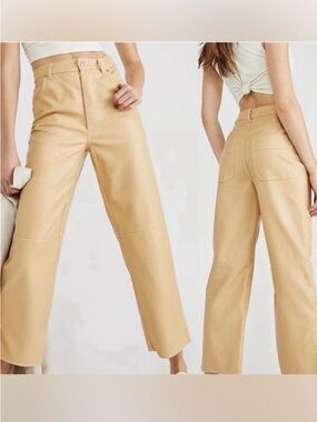 Free People Cropped Wide-Leg Faux Leather Pants in Beige
